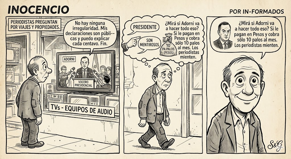 Historieta Inocencio S&G sobre Adorni y Diario In-formados